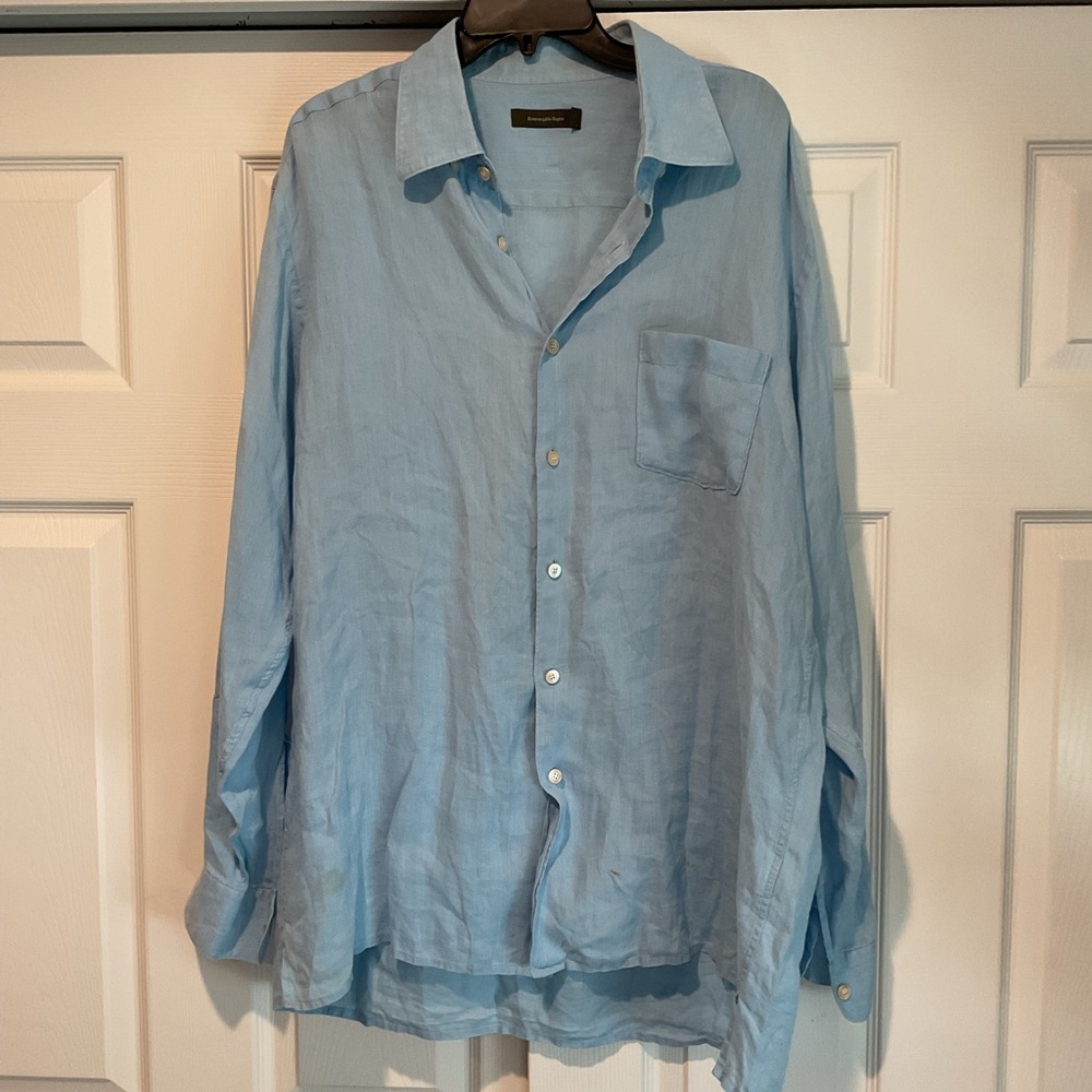 Ermenegildo Zeta 100% Linen Blue Men’s Button Down Camp Dress Shirt Top sz XXL